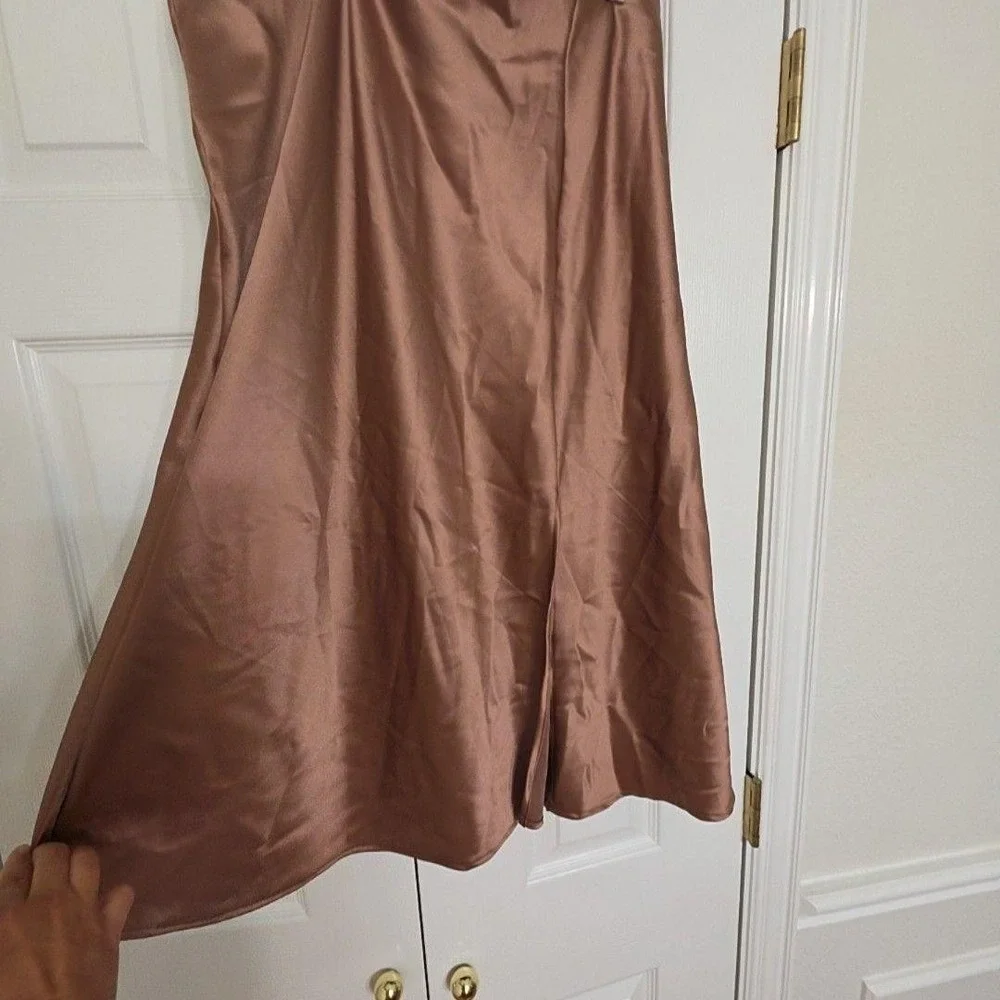 Altar'd State Skirt Womens L Brown Satin A-Line Midi Front Slit Stretch Pull On